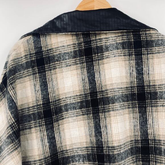 BLANKNYC Plaid Poncho Jacket Partial Zip Faux Leather Collar Black Tan One Size - Picture 5 of 8